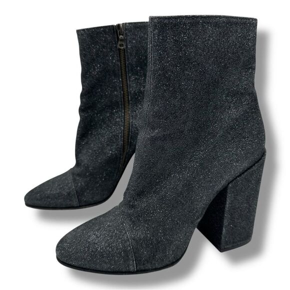 Dries Van Noten Black Glitter Block Heel Side-zip‎ Designer Bootie Boots Sz 9.5